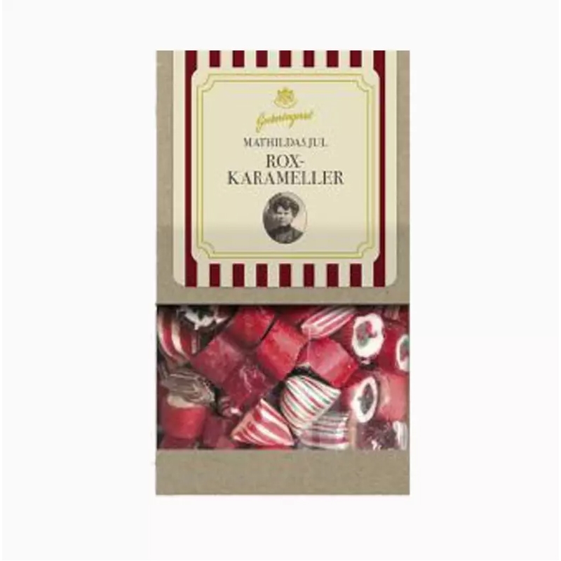 Påse med Mathildas roxkarameller med jultema.