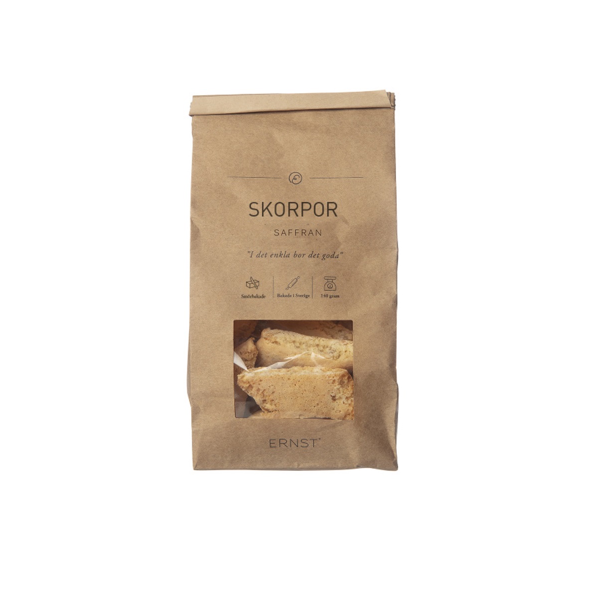 Påse med skorpor med smak av saffran/korinter från ERNST.